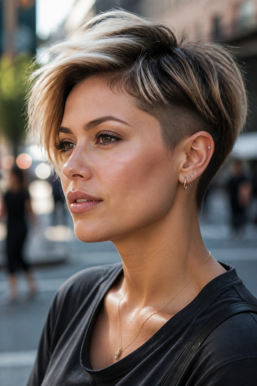 Woman with bixie cut and clean side drop.