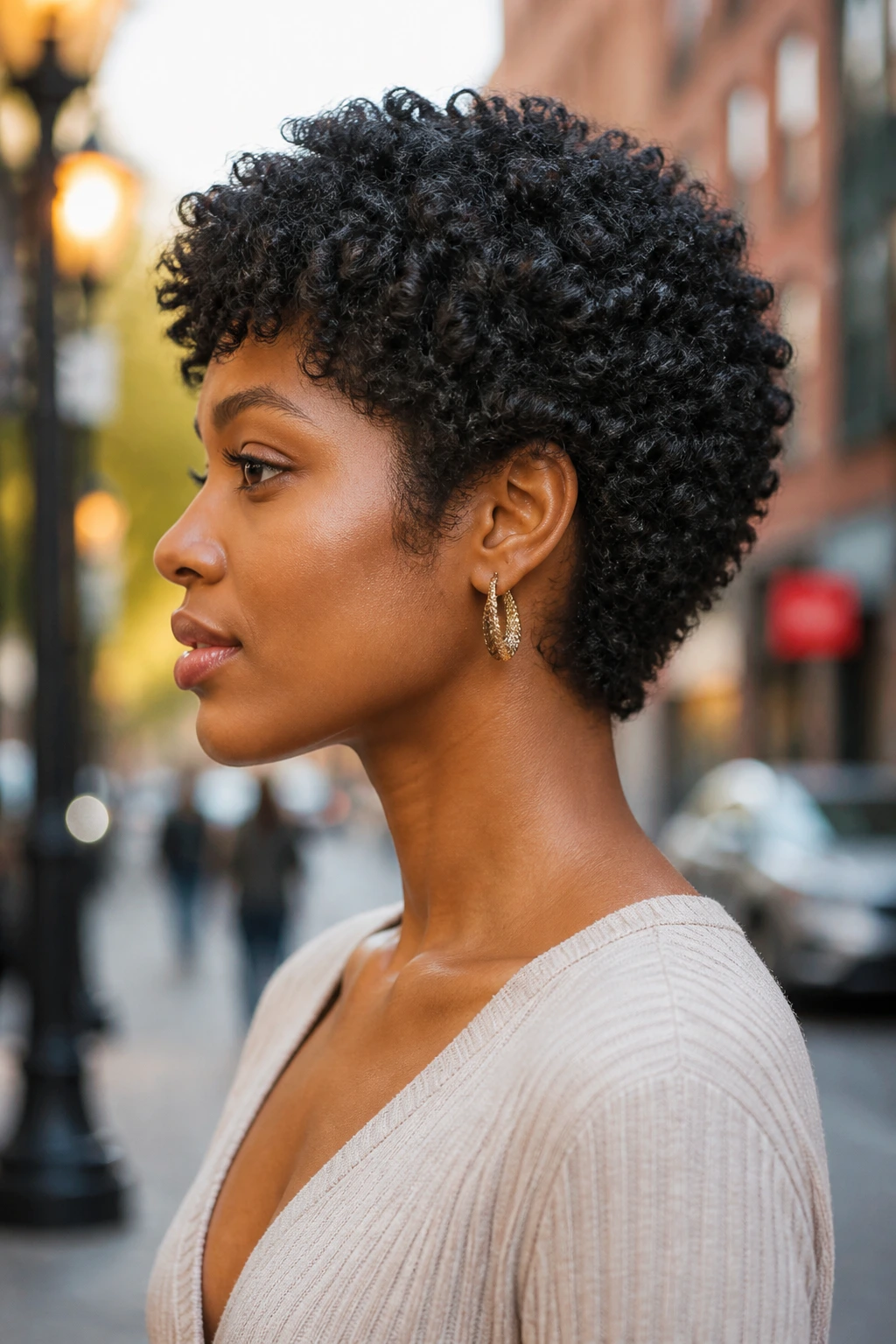 Profile portrait of a person with a bixie haircut in an urban setting
