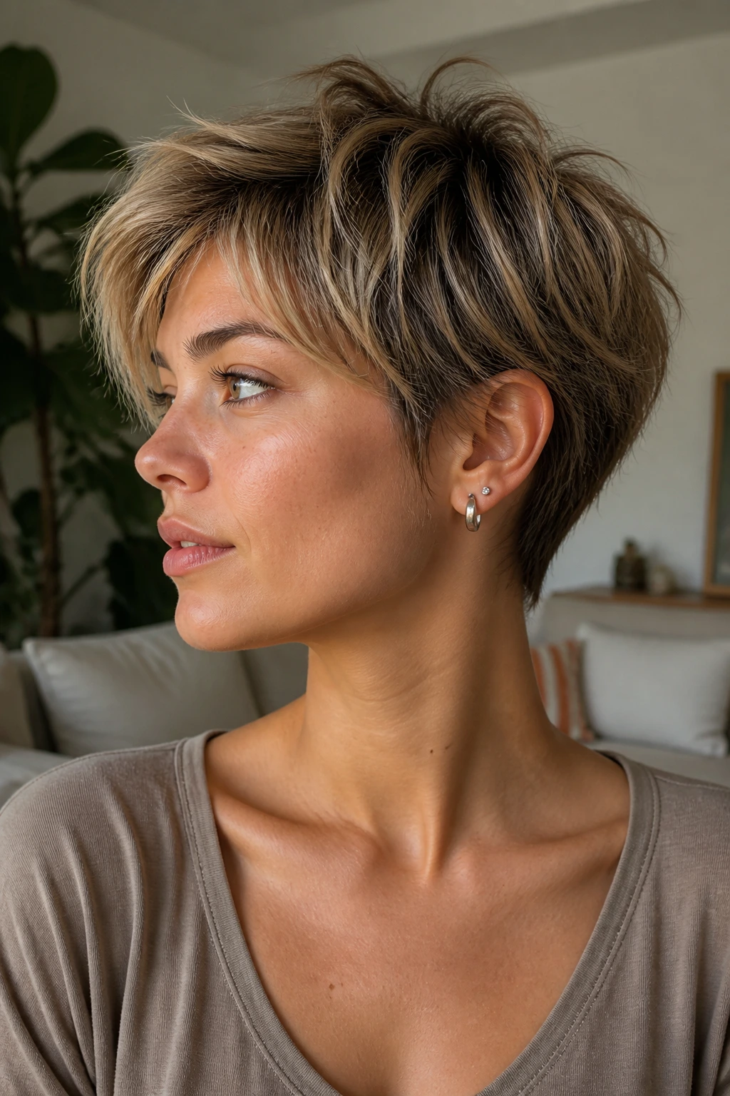 Close-up portrait of a person with a bixie haircut and piecey crown length