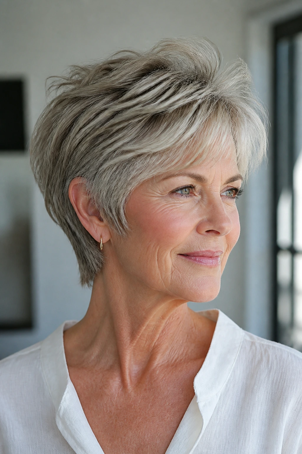 Portrait of a woman with a bixie hairstyle and lifted crown