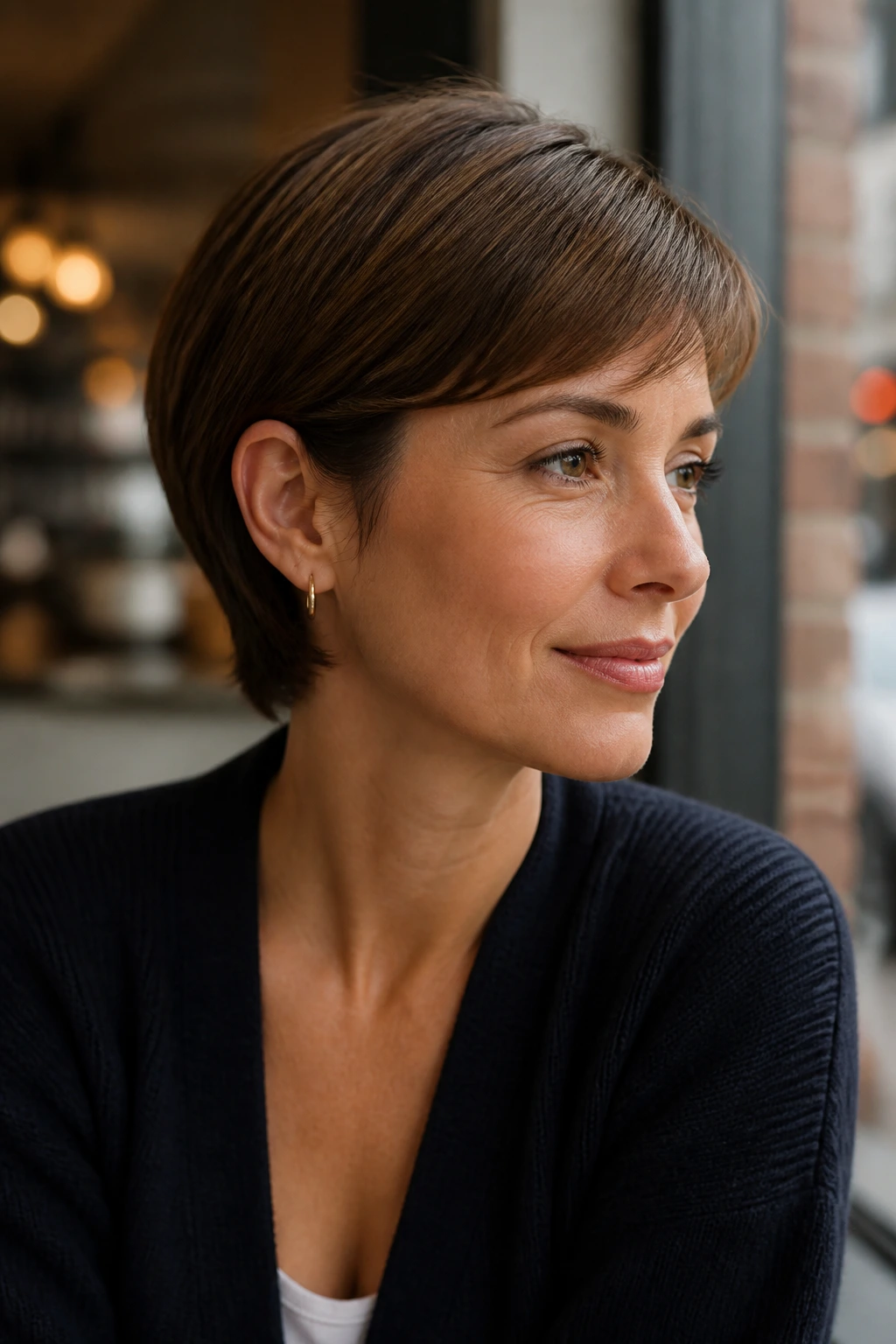 Close-up portrait of a real woman with a bixie haircut and smooth crown