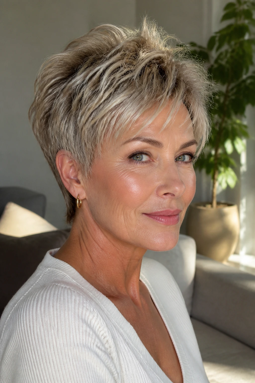 Close-up of a real woman wearing a bixie hairstyle with textured crown in warm living room light