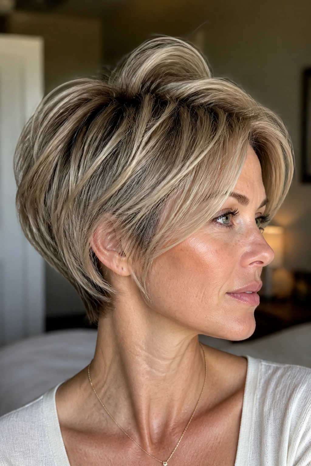 Close-up portrait of a real woman with bixie crown volume hairstyle under soft window light