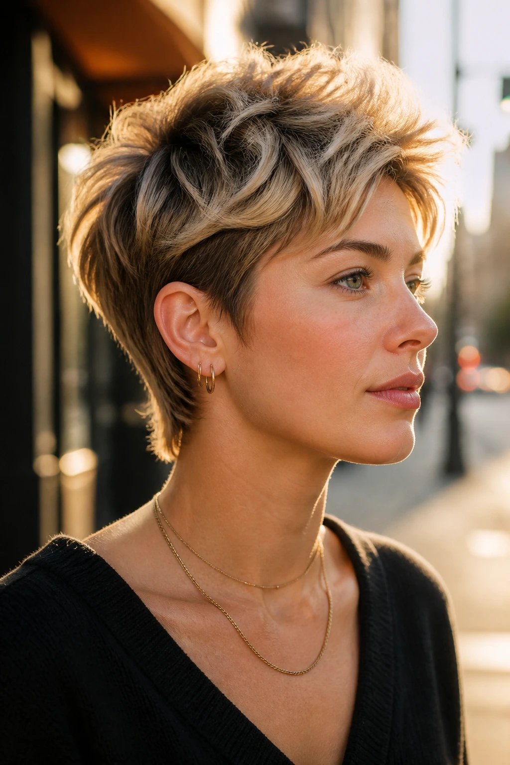 Real person with bixie haircut showing crown volume on urban street