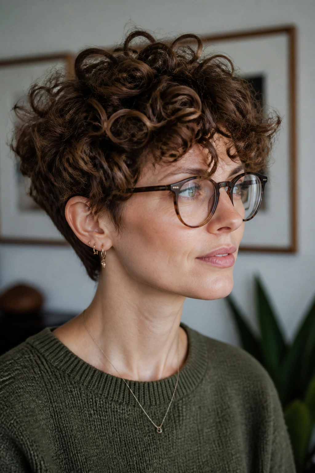 Portrait of a real person in a bixie haircut with plush curly crown