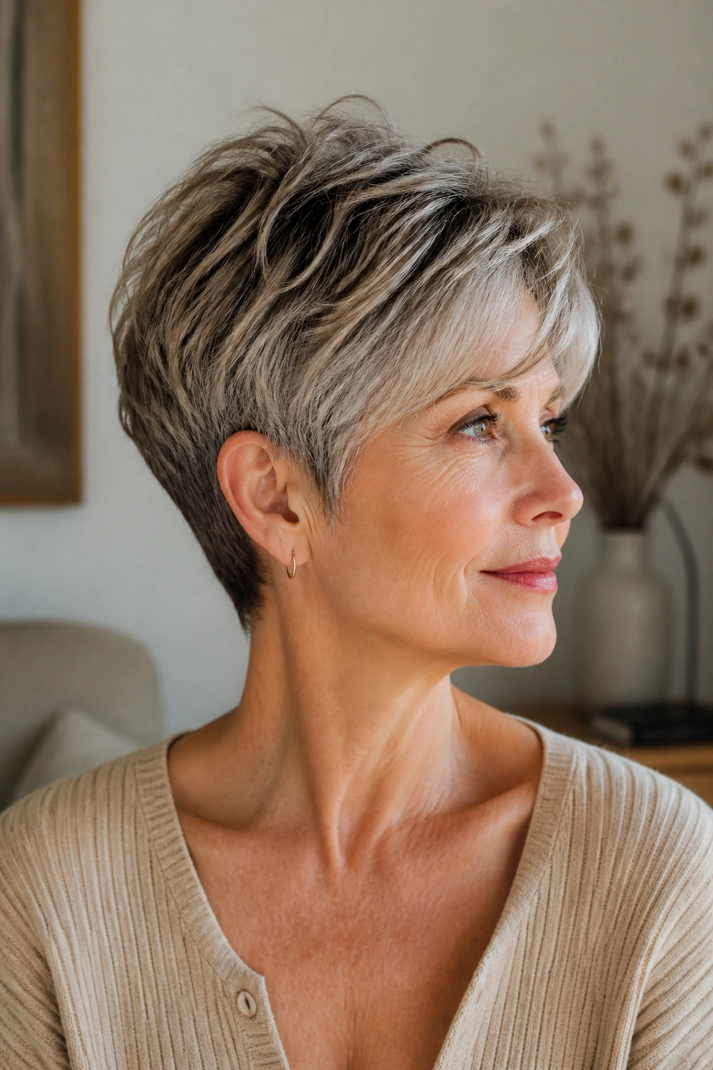 Real woman with bixie cut showing short back and longer top in bright room