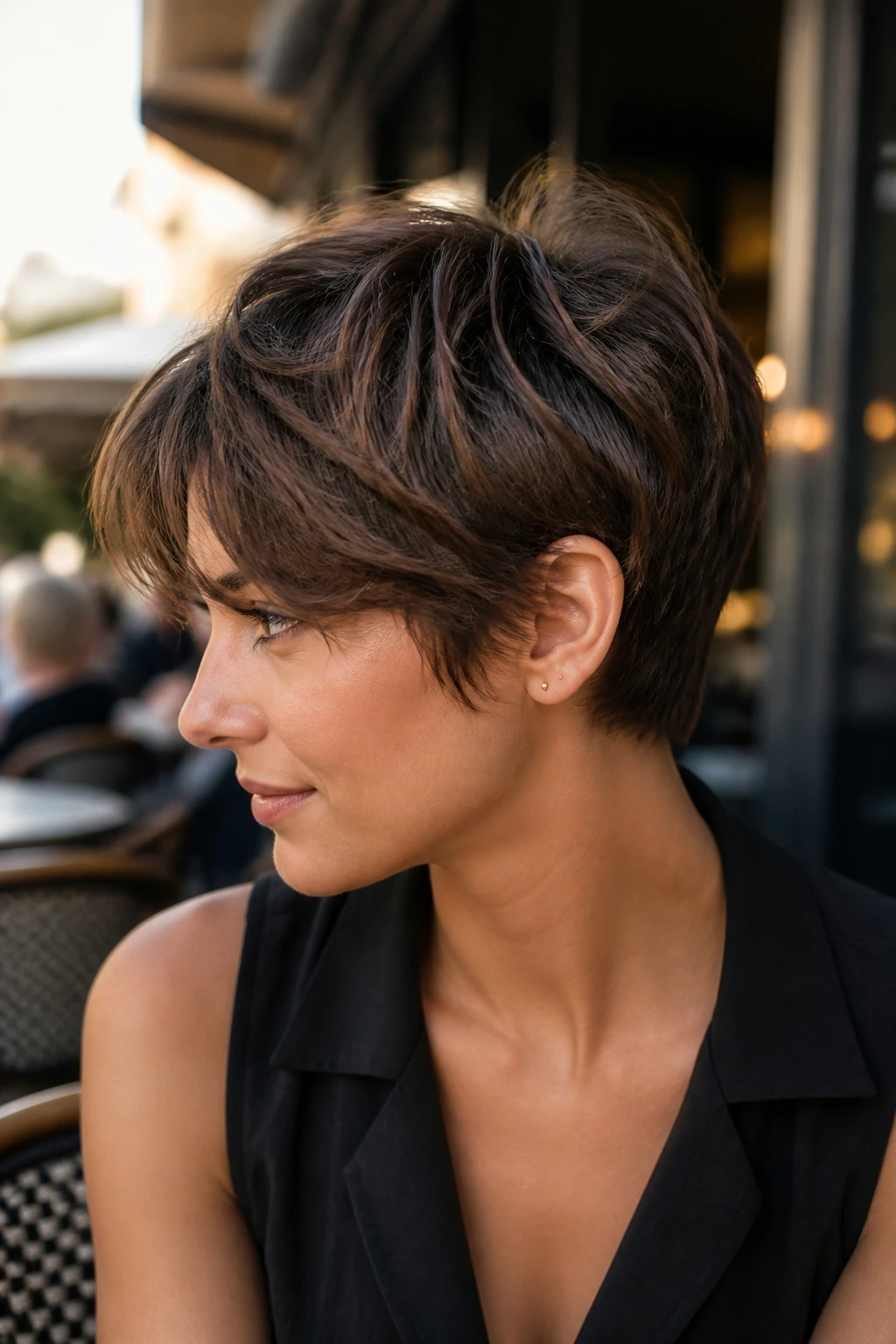 Portrait of Bixie cut hairstyle on a real person with short sides and longer top