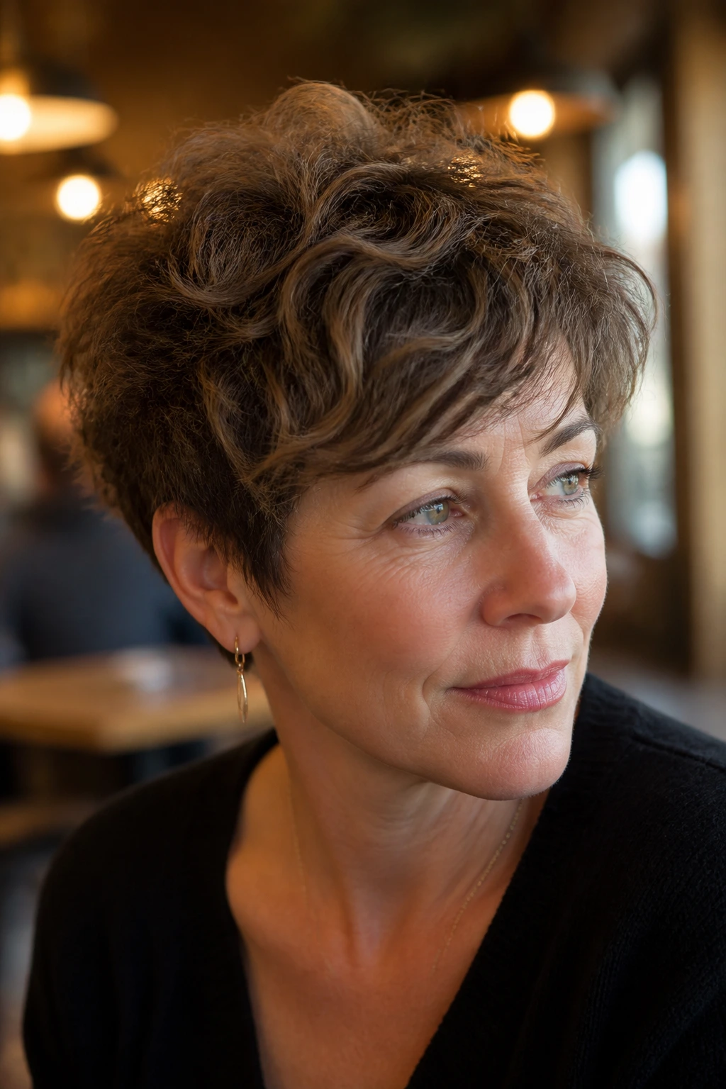 Close-up portrait of a real woman with a bixie cut and piecey top layers