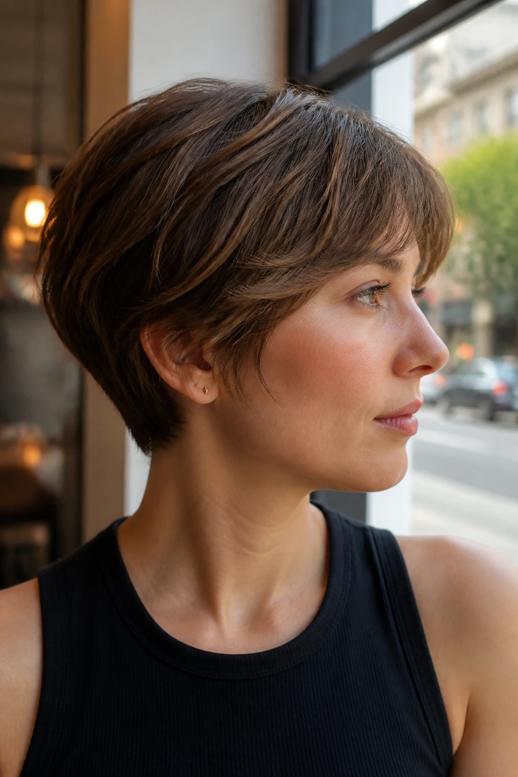 Portrait of real person with bixie cut and soft edges