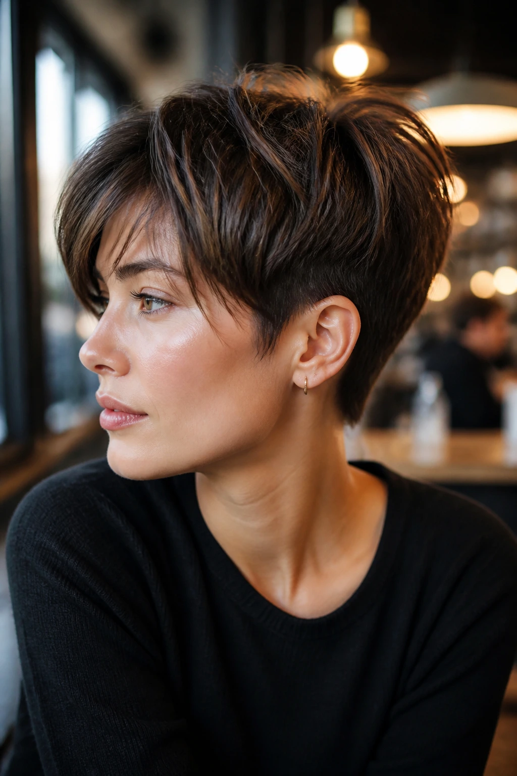Real woman with bixie cut in a chic cafe setting