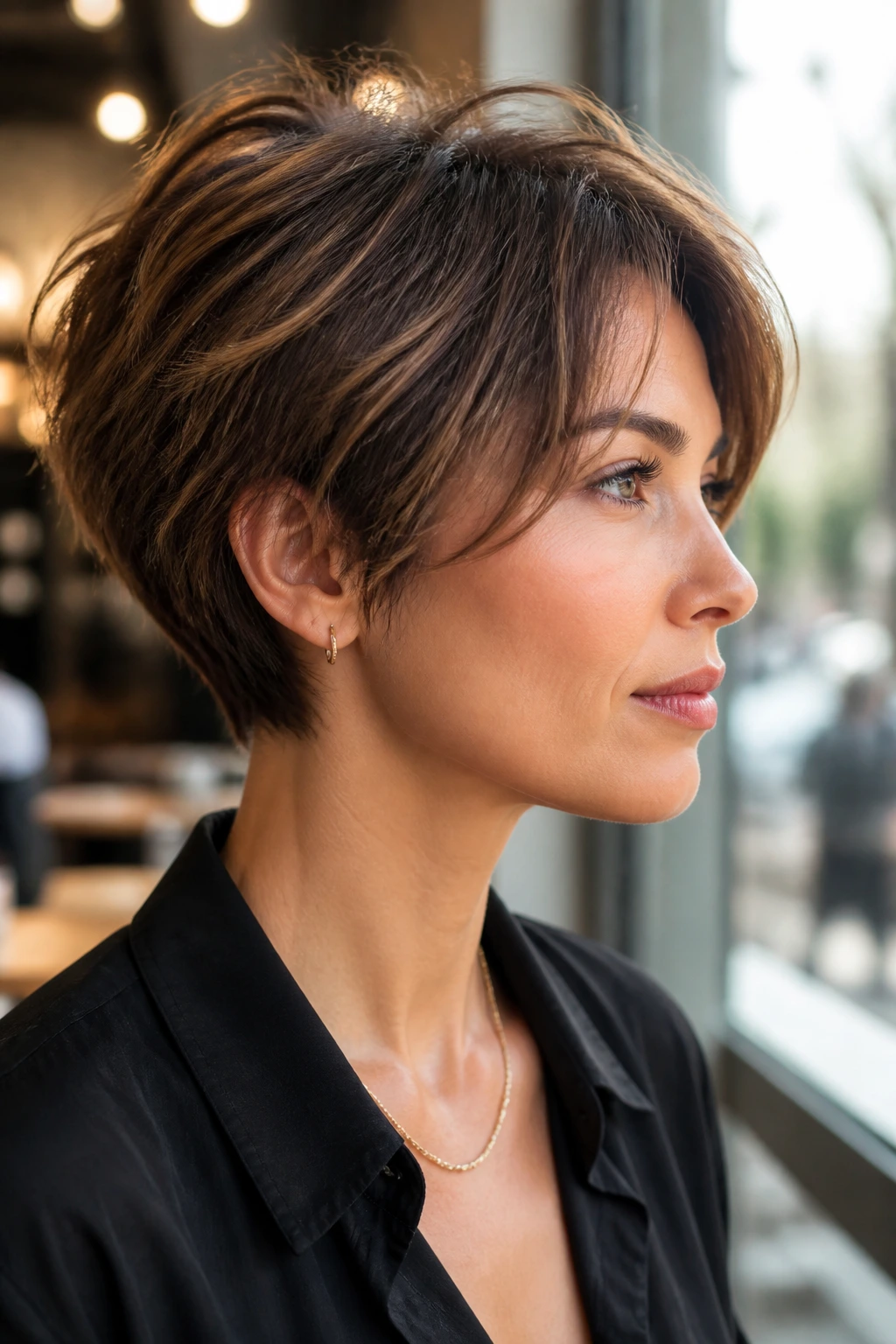Close-up portrait of a real woman with a bixie cut showing a shorter nape and longer top.