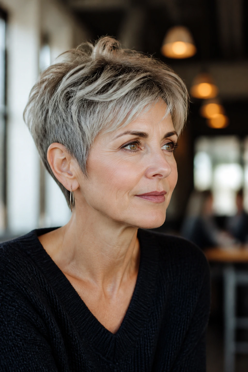 Portrait of a woman with bixie hairstyle showing short sides and longer top