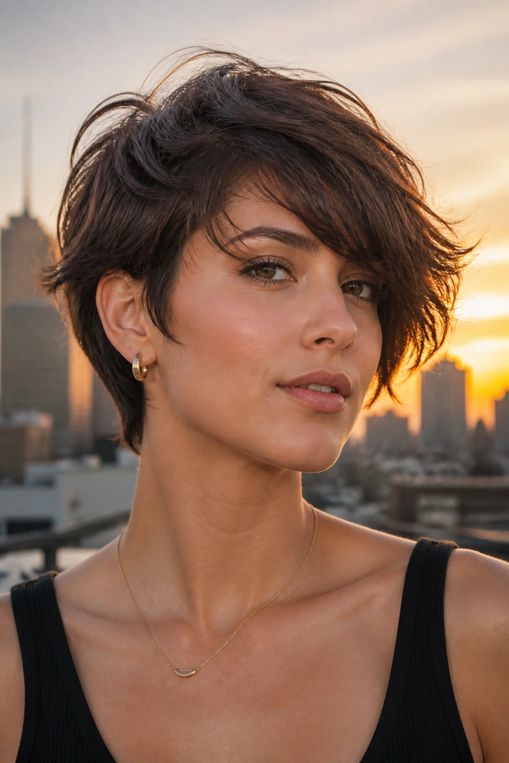 Close-up of a woman with a bixie cut and long side bangs