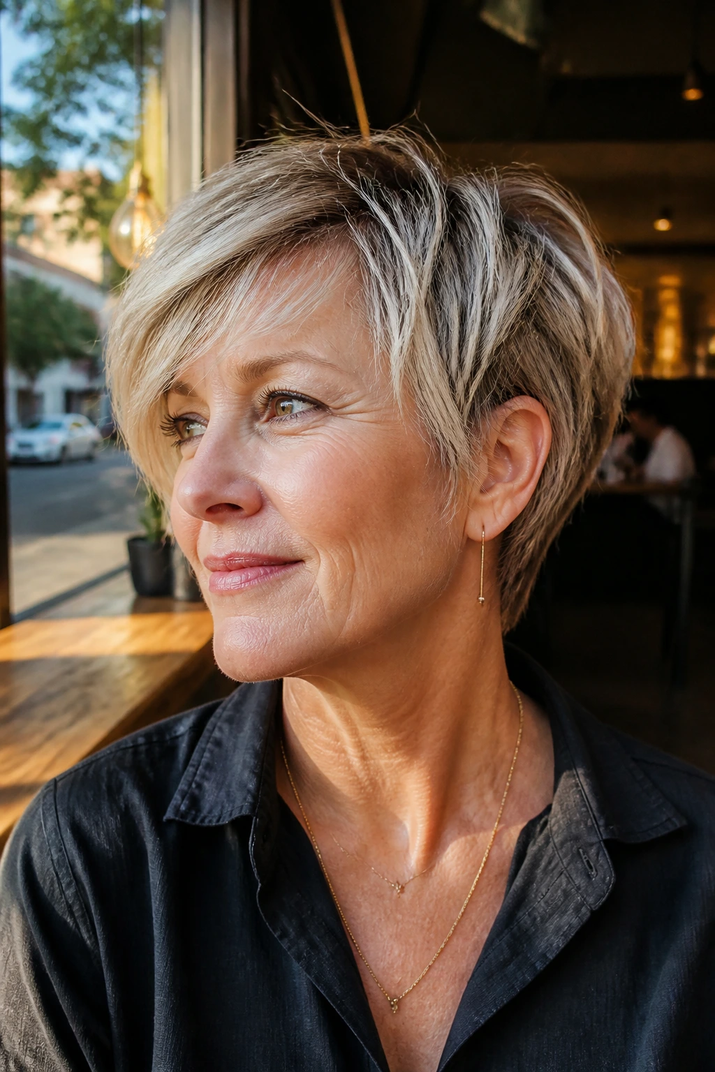 Close-up of a real woman with bixie cut and piecey top in warm daylight