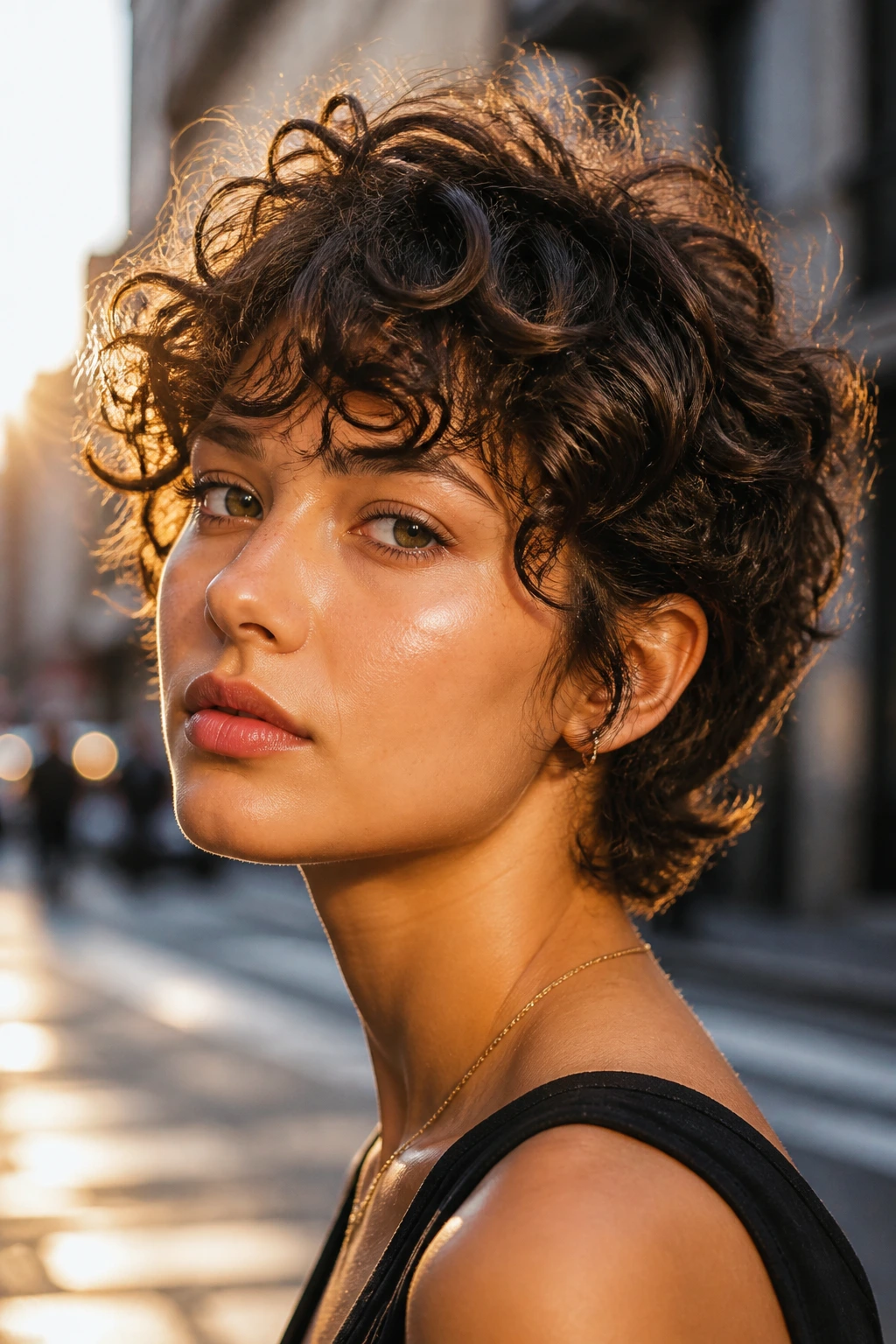 Real person with bixie haircut in urban golden hour setting
