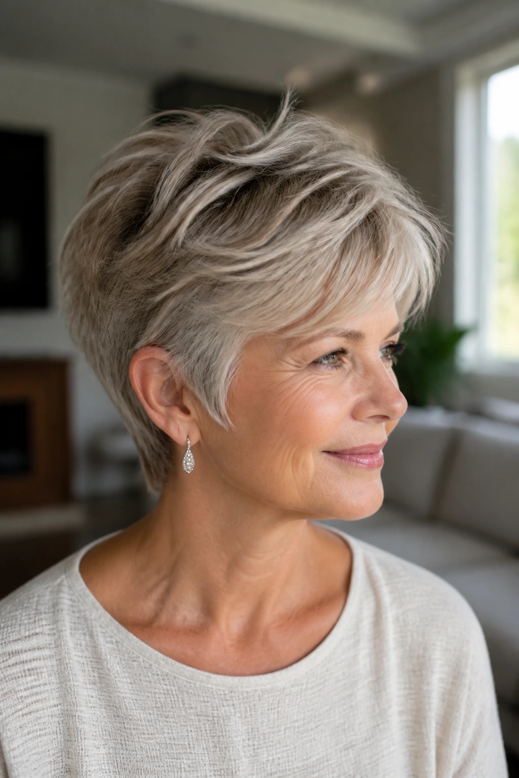 Real woman with bixie cut close-up portrait