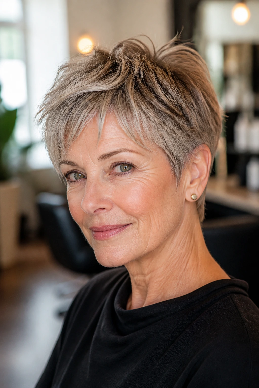 Close-up portrait of a woman with a bixie cut in a sunlit salon