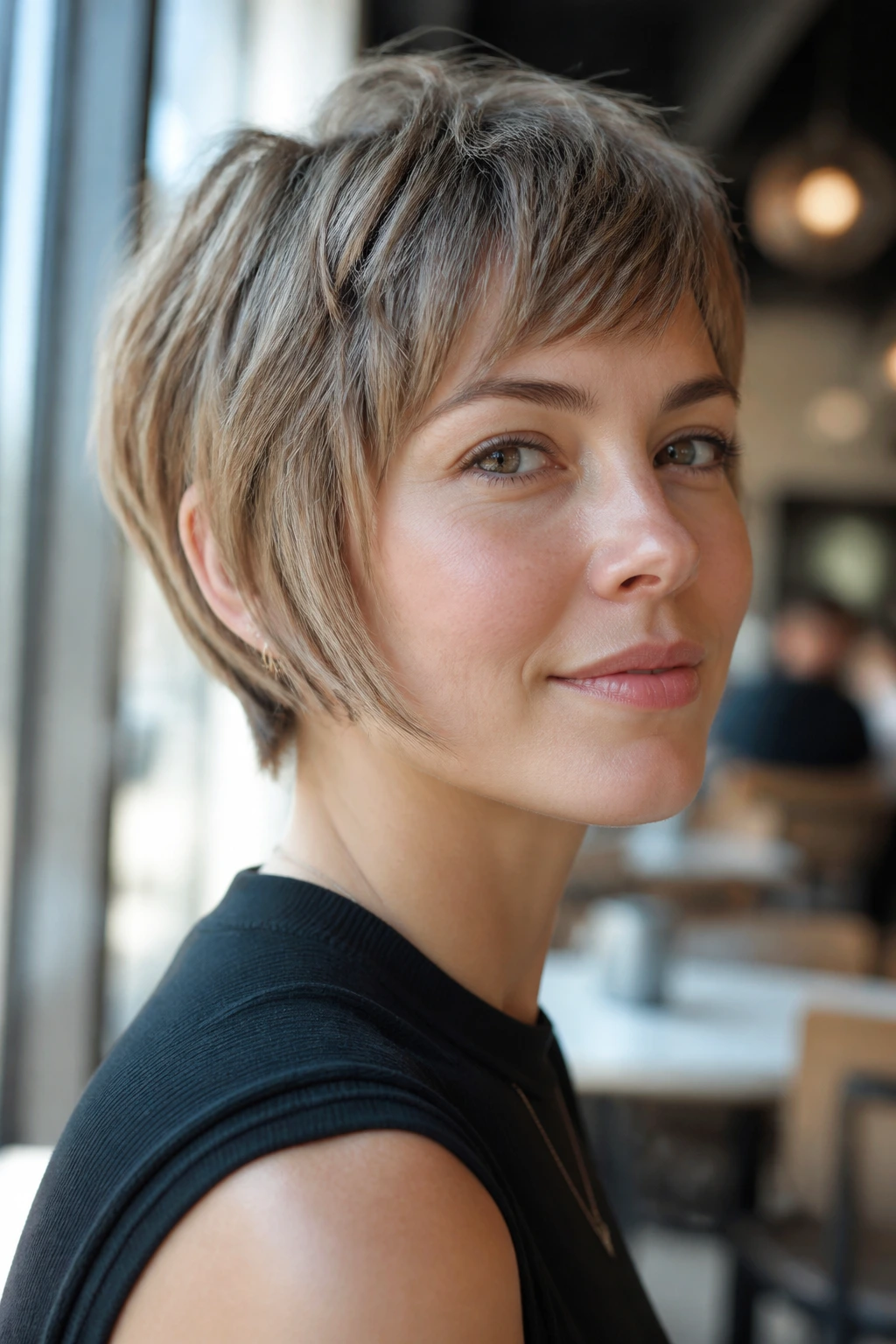 Portrait of a woman with a bixie cut showing short top and rounded sides.