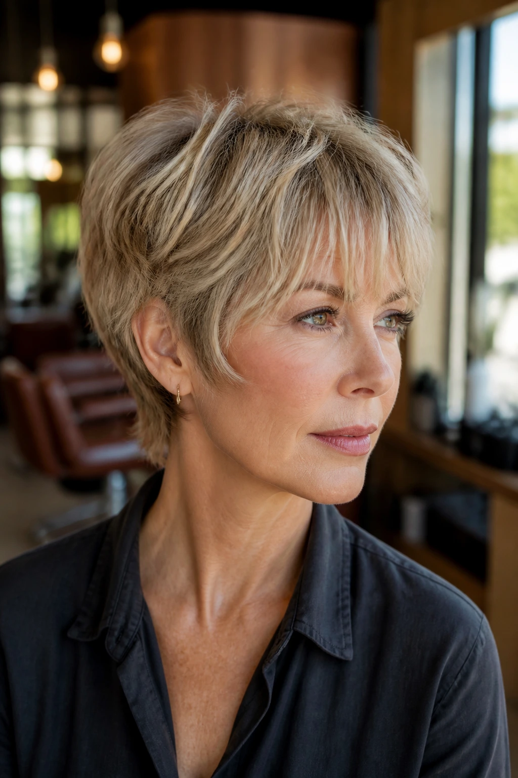 Close-up portrait of a real woman with a bixie cut and razor-soft fringe, showing texture and lift.
