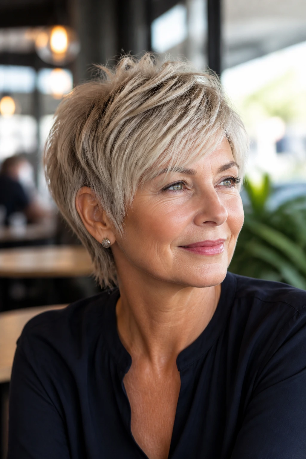 Portrait of an older woman with a bixie cut showing movement and ear coverage