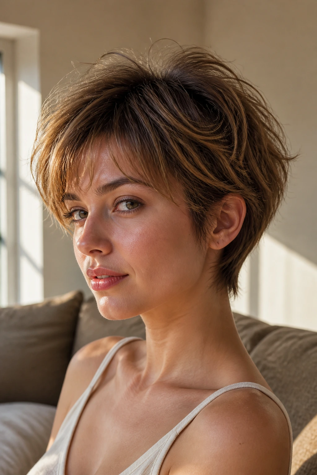 Close-up portrait of a real woman with a bixie cut in a sunlit living room.