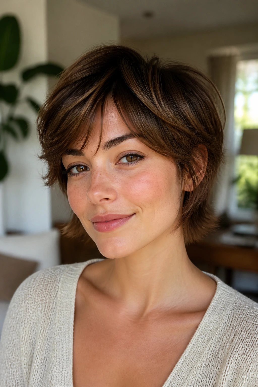 Portrait of a person with a bixie cut and soft feathering
