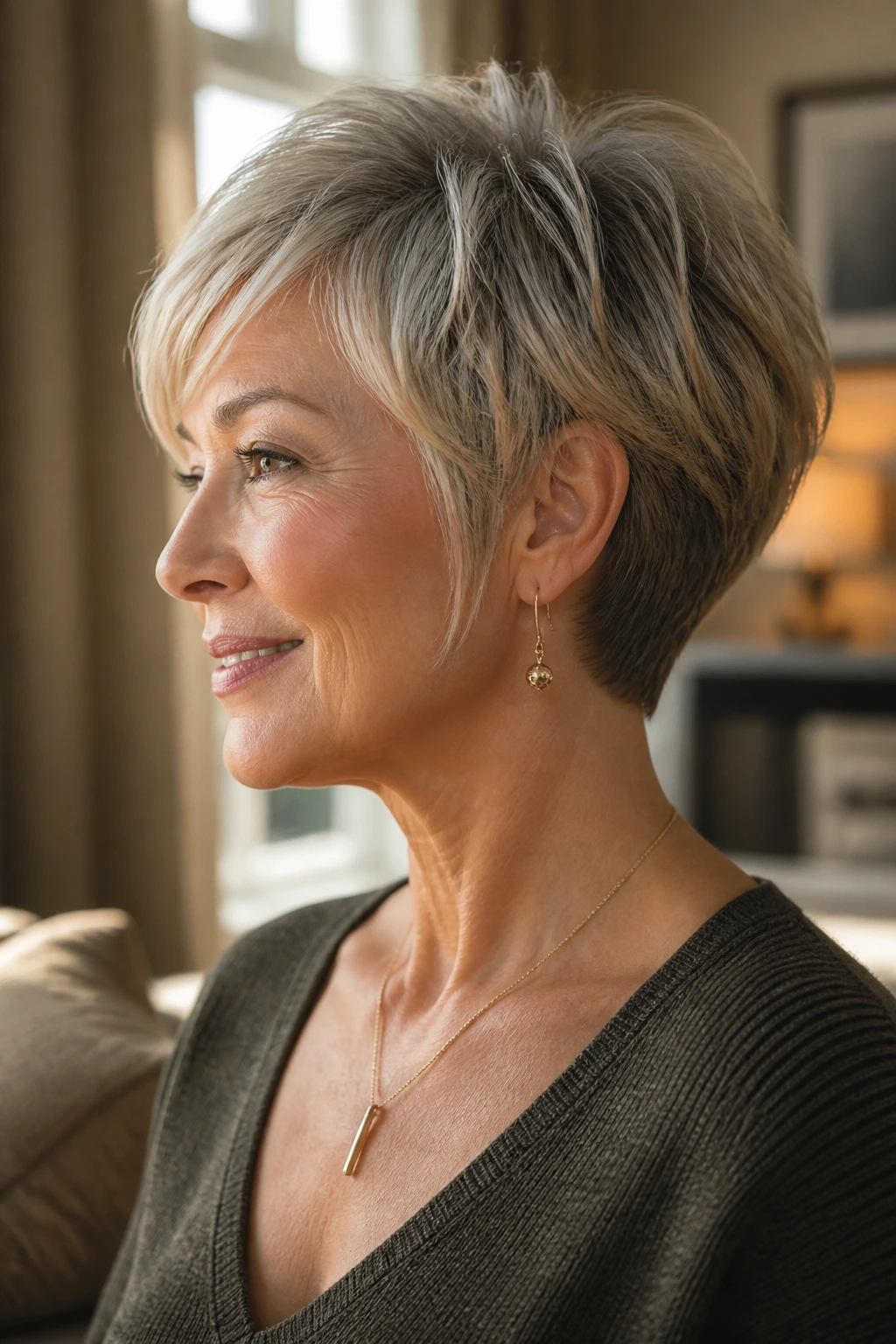 Portrait of a woman with a bixie cut and soft nape highlighting neck exposure