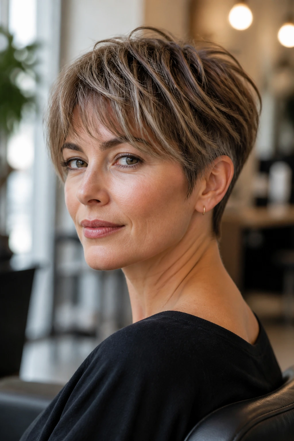 Close-up portrait of a real woman with a bixie cut and tapered nape in a warm salon.