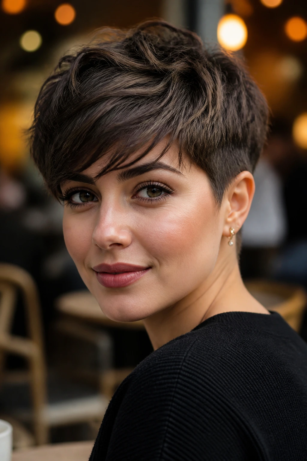 Close-up of a real woman with a bixie cut and tapered sides