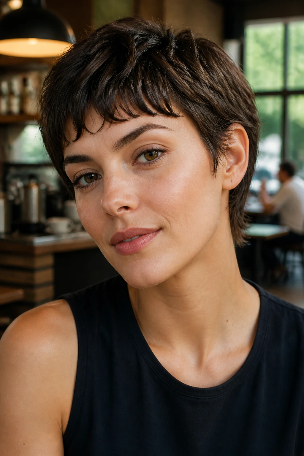 Portrait of a real woman with bixie cut and textured bangs in a cafe