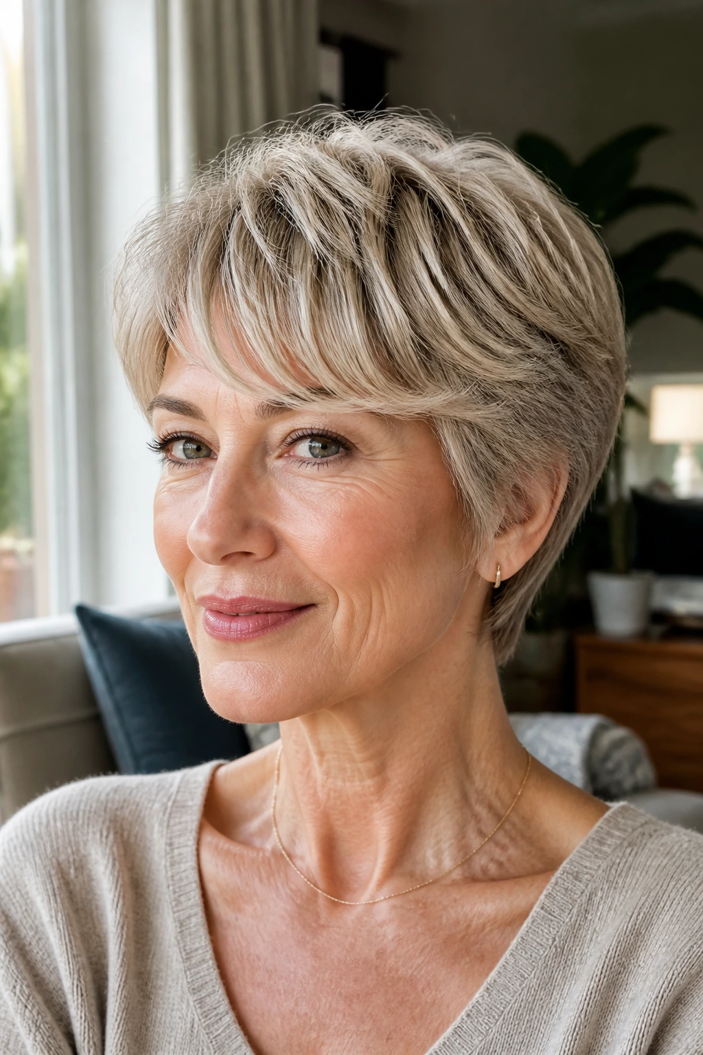 Portrait of a woman with a bixie haircut featuring textured top and soft fringe.