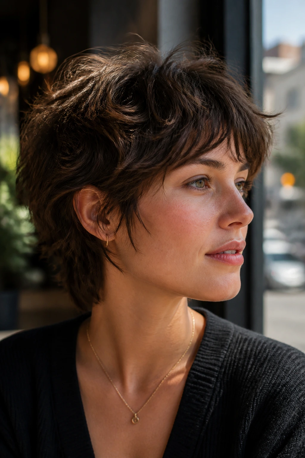 Close-up portrait of a real woman with a Bixie Cut showing balanced length around ears and nape on thick hair
