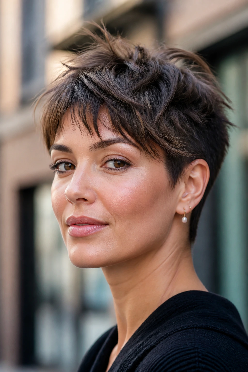 Real woman with bixie cut.