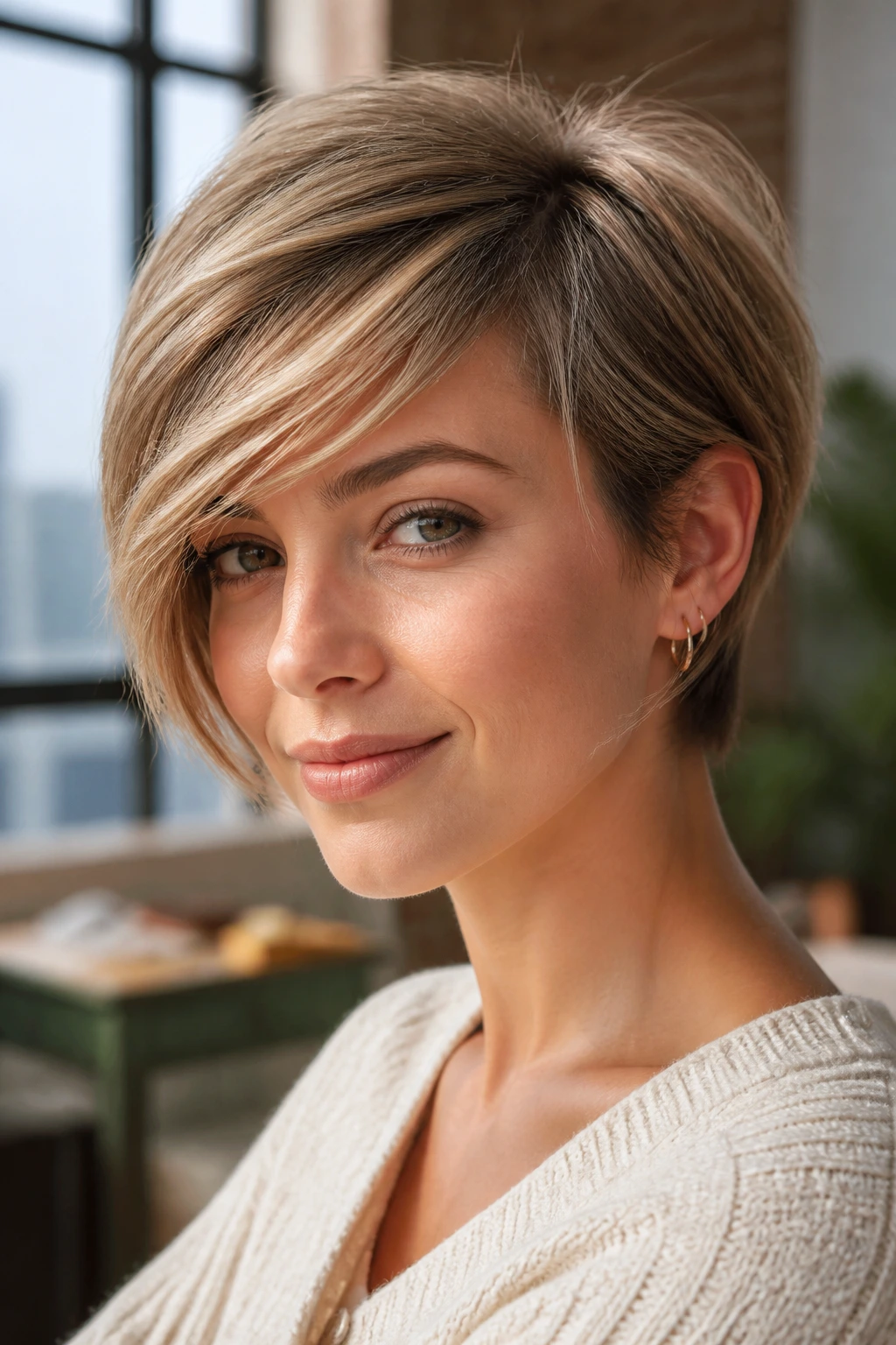 Real person with bixie haircut and long diagonal bang in daylight loft