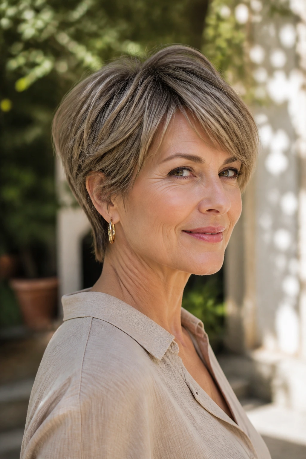Profile view of real woman with bixie ear-skimming layers