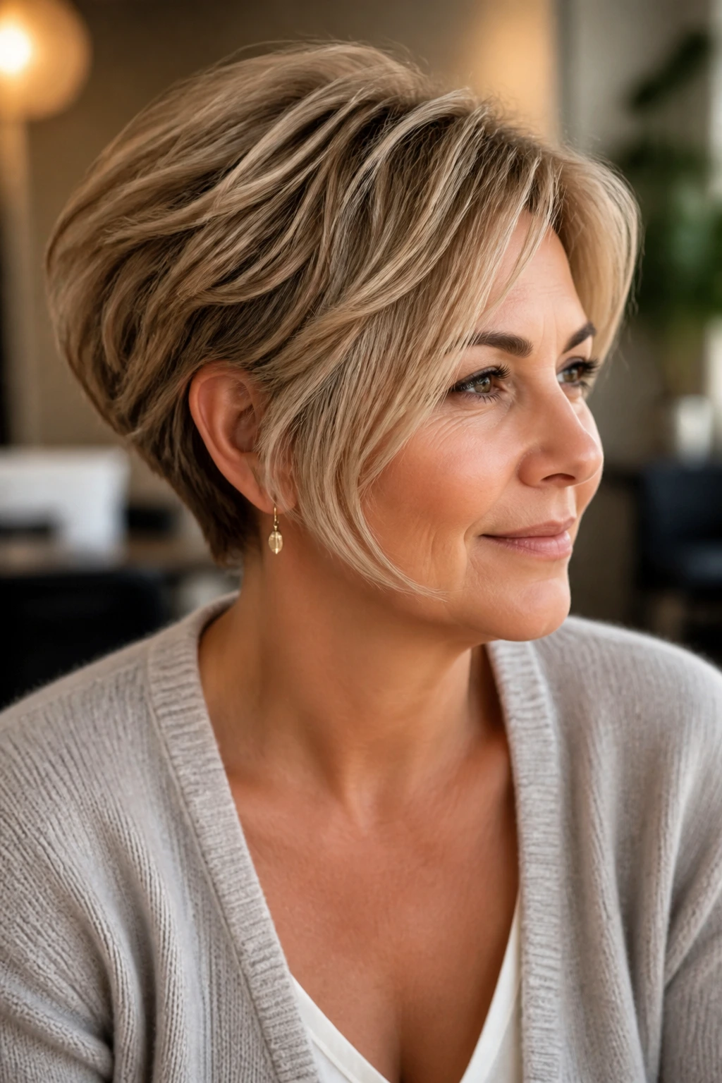Close-up portrait of a woman with bixie haircut and face-framing pieces.