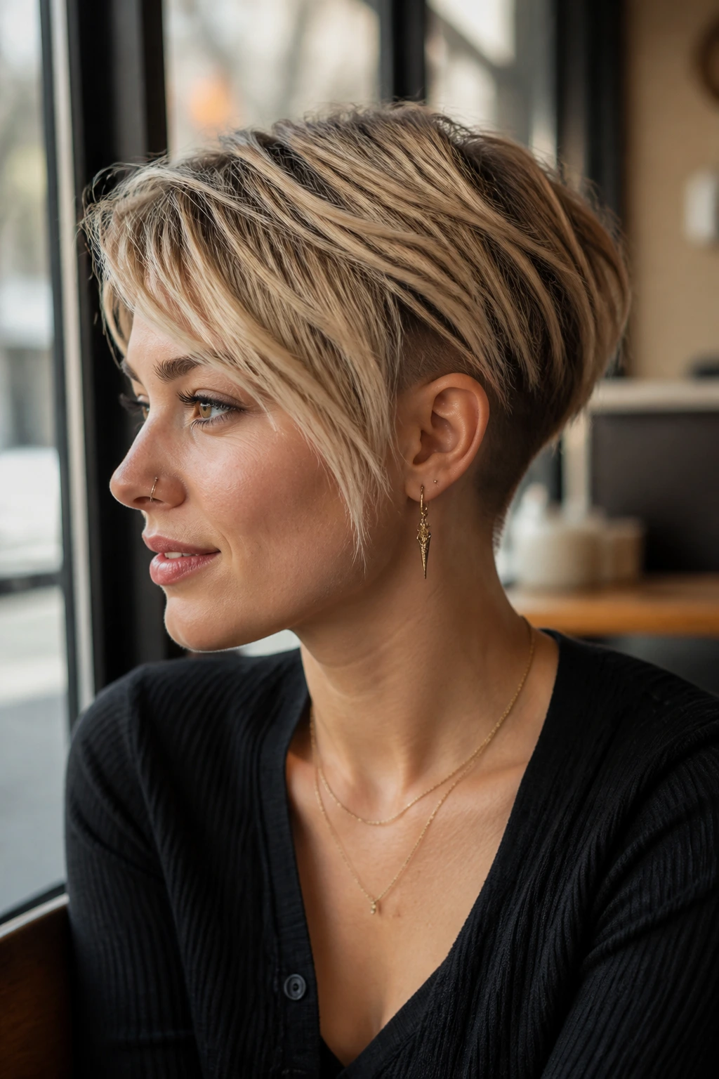 Close-up of real person with bixie haircut showing face-framing length and hidden undercut.
