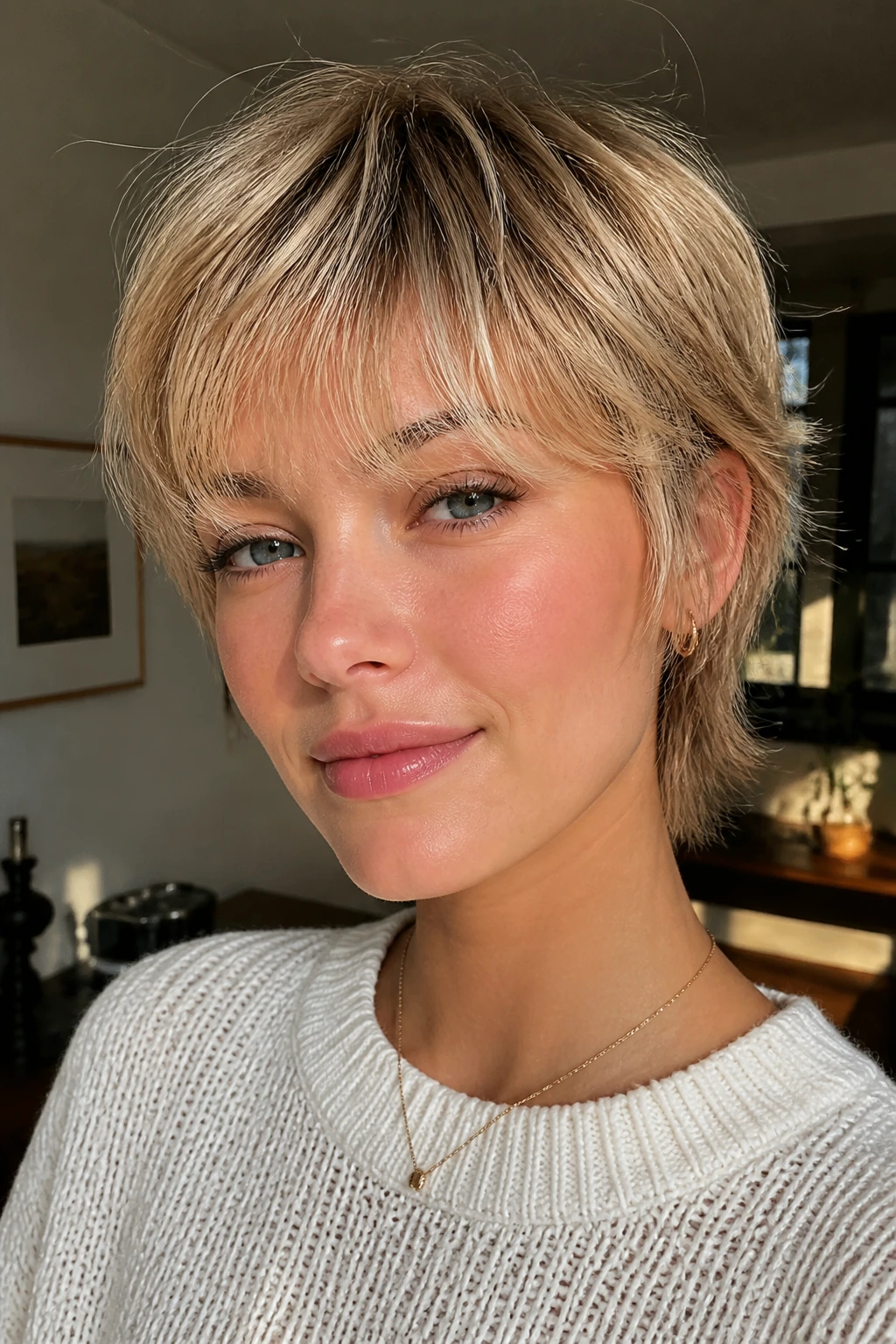 Portrait of a person with a bixie haircut and feathered bangs