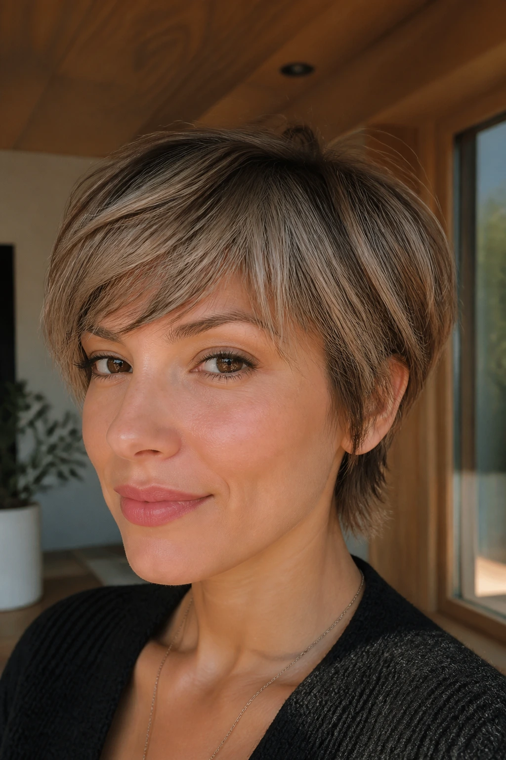 Real person with layered bixie and feathered bangs in natural light
