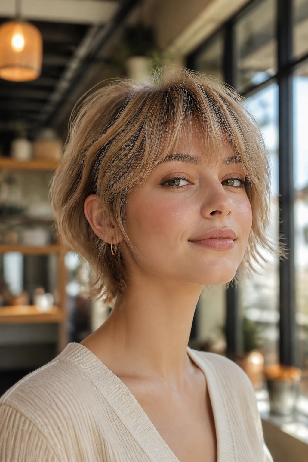 Close-up portrait of a real woman with a bixie cut and feathered bangs in a sunlit cafe.