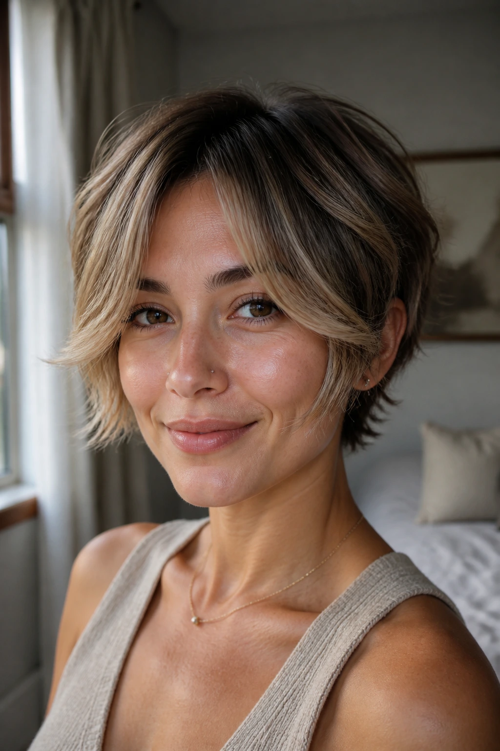 Close-up of a woman with a bixie haircut featuring feathered face-framing bangs in warm window light