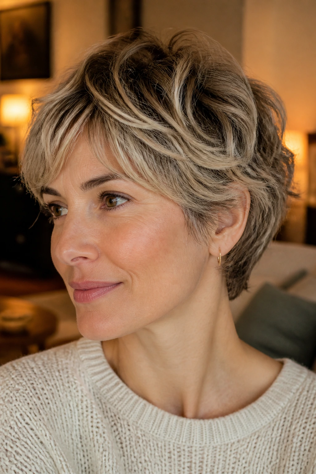 Close-up of bixie haircut with feathered crown on a real person