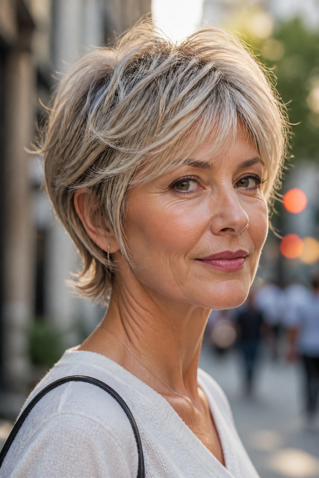 Real woman with bixie haircut and feathered ends