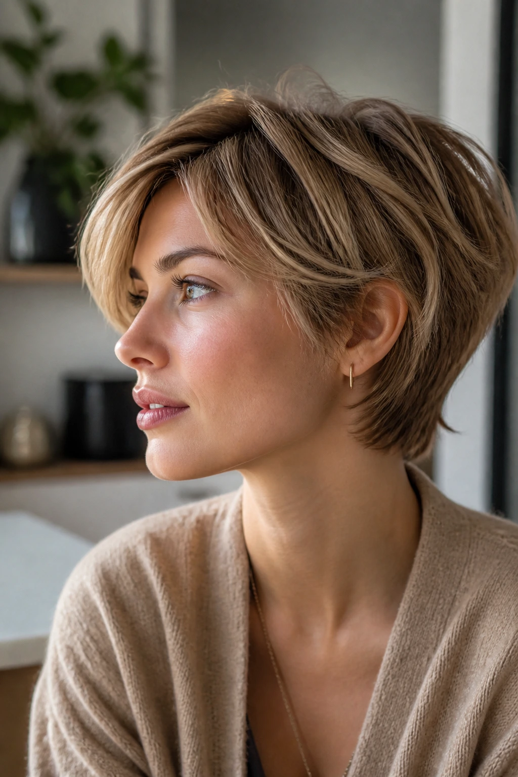 Real woman with bixie haircut and soft feathered ends in window light.