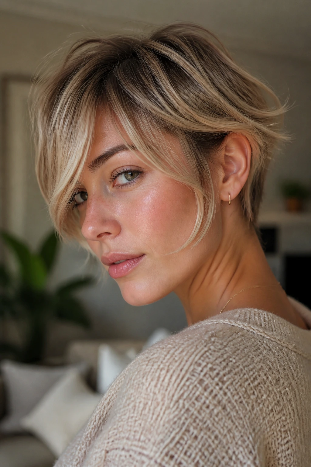 Close-up portrait of a real person with feathered side fringe on a bixie hairstyle