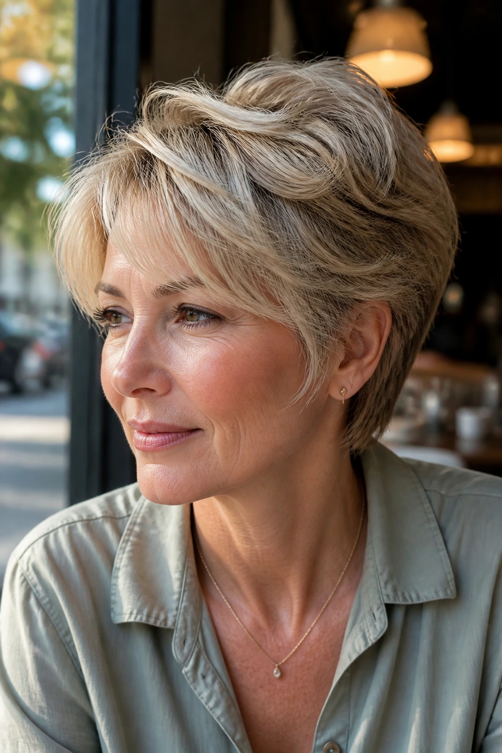 Close-up of a real woman with bixie haircut and feathered sides in sunny outdoor cafe lighting