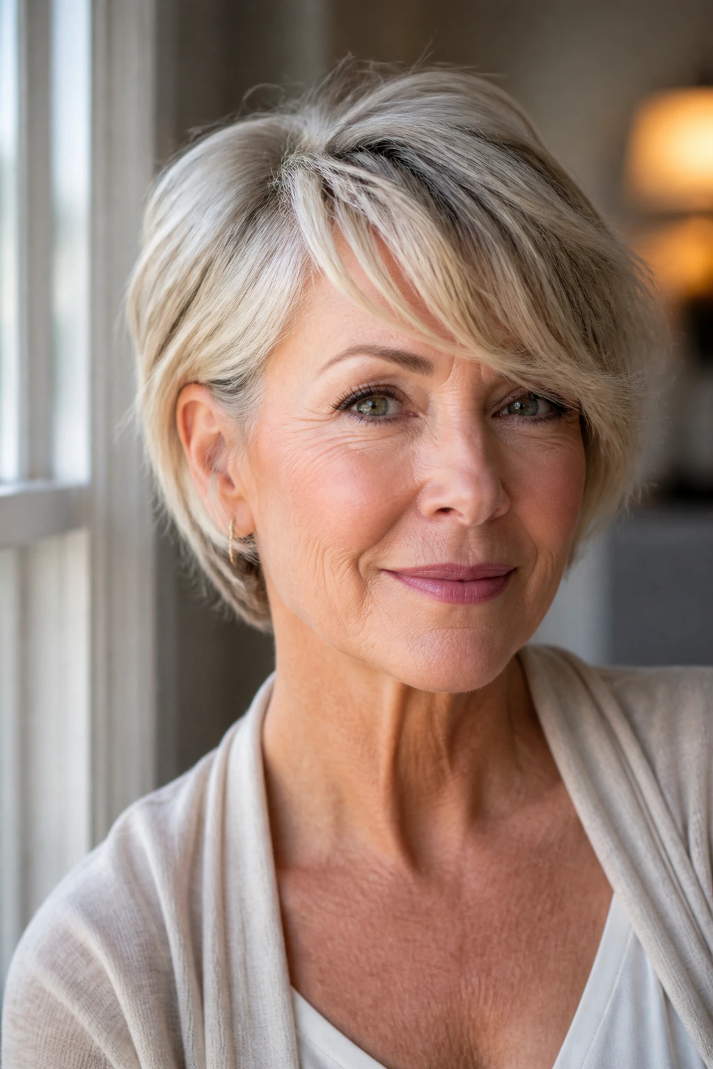Close-up of a real woman with a bixie haircut and side-swept fringe