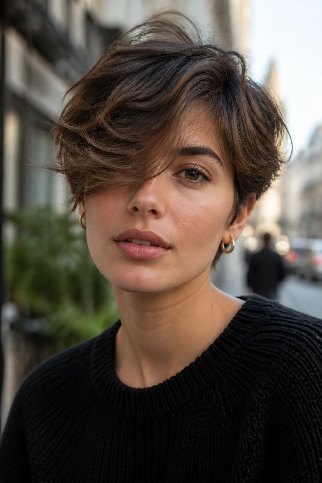Woman with feathered bixie fringe on a bixie cut