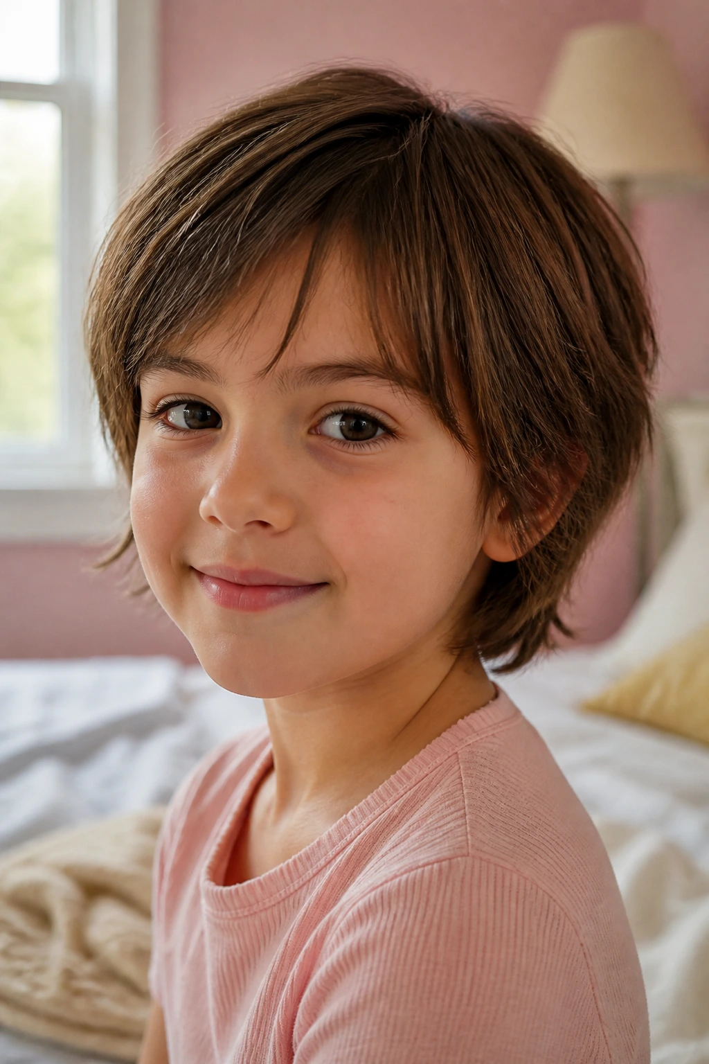 Close-up portrait of a child with a bixie haircut in a cozy bedroom