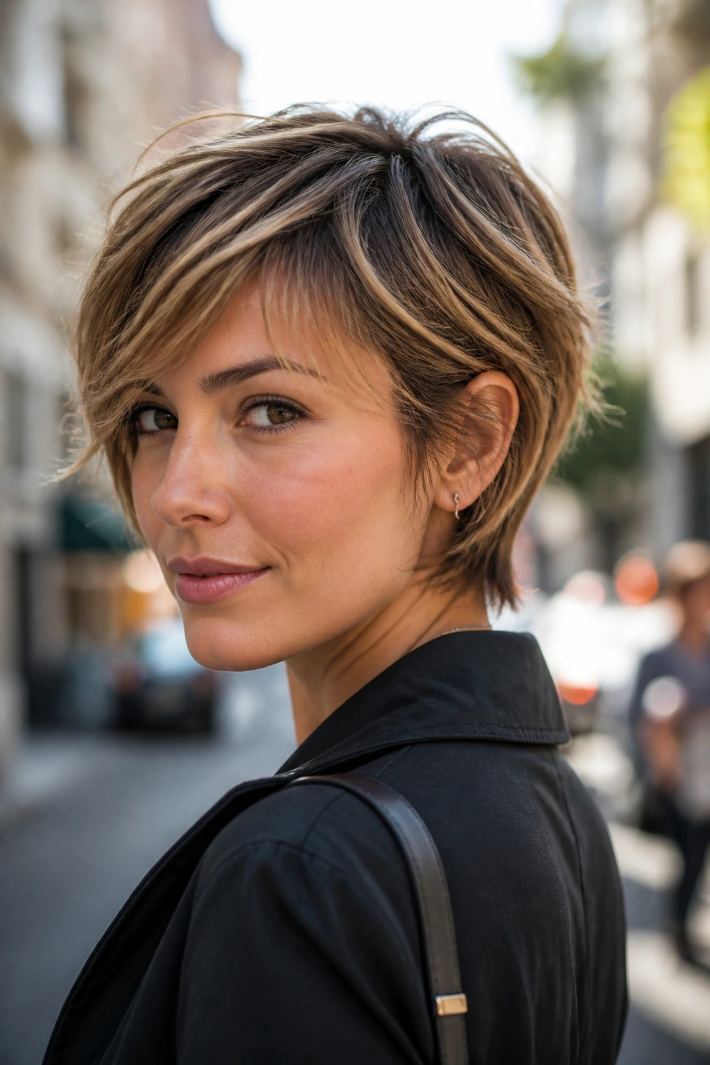 Portrait of a real woman with a bixie haircut in an urban street setting